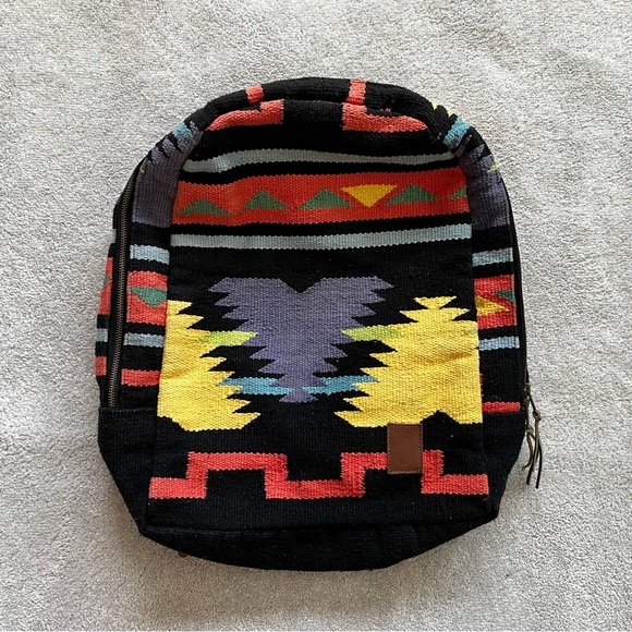 ANTHROPOLOGIE Serape Tribal Aztec Black Multicolor Boho Backpack Leather - Picture 8 of 8